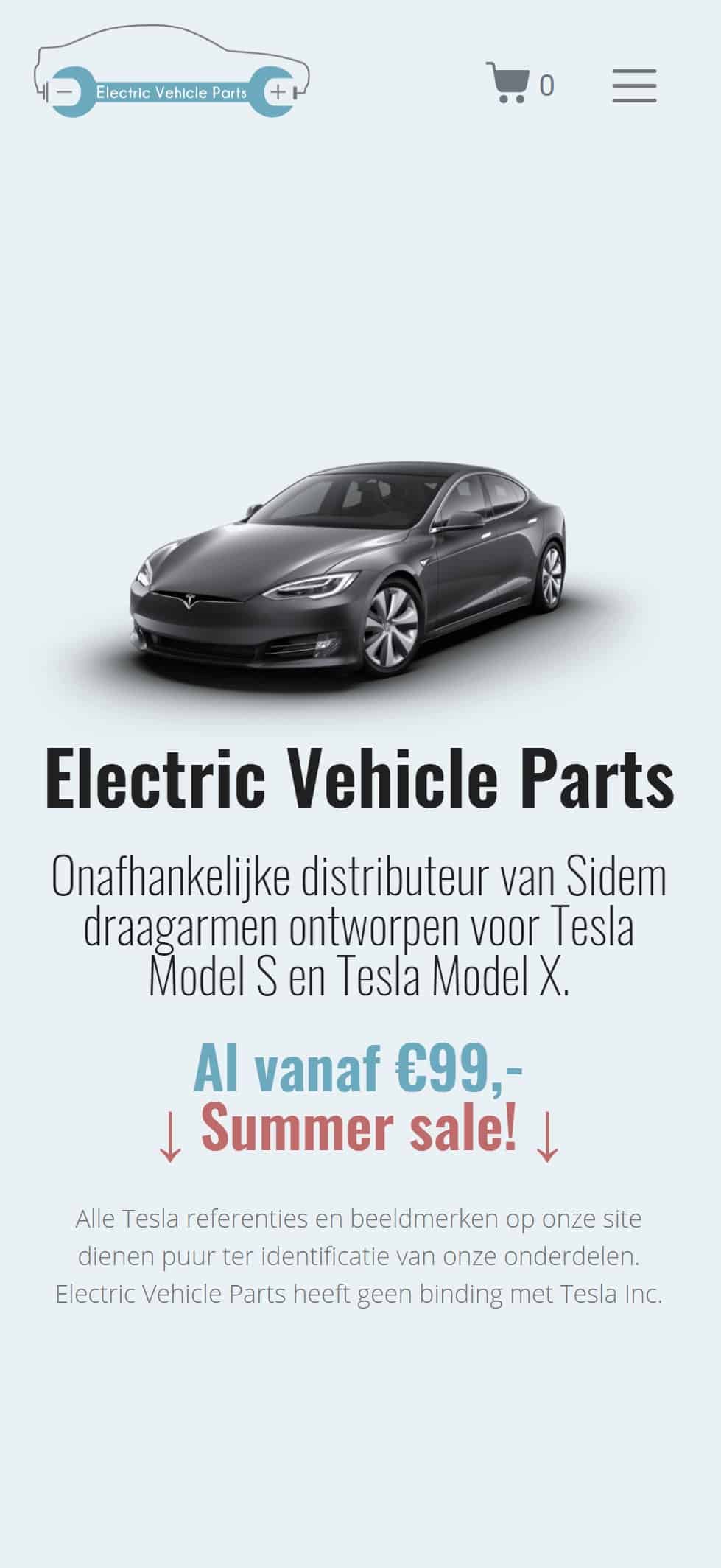 Electric Vehice Parts website - mobiel